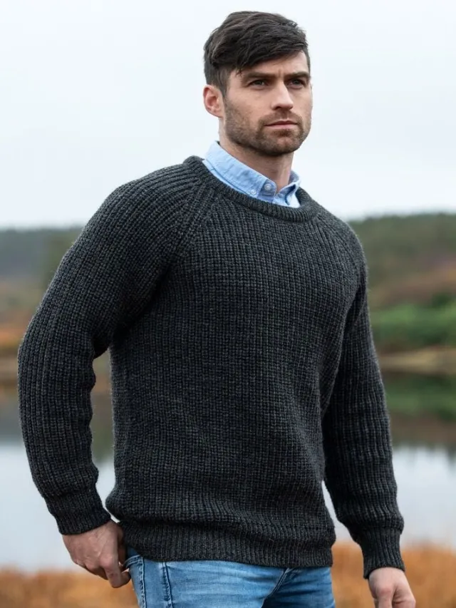 Mens Fisherman Sweaters|Mens Knitwear*Sweater Shop Fisherman Rib Crew Sweater Charcoal