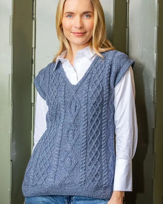 Womens Irish Knitwear*Sweater Shop Fitted Aran Vest Merino Wool - Blue