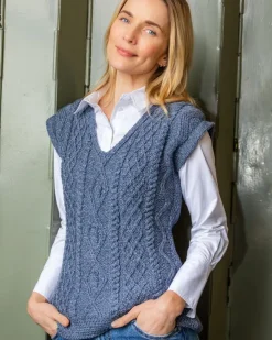 Womens Irish Knitwear*Sweater Shop Fitted Aran Vest Merino Wool - Blue