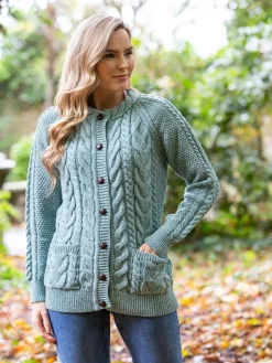 Womens Irish Knitwear|Ladies Cardigans*Sweater Shop Fitted Irish Aran Lumbar Cardigan Aqua