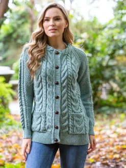 Womens Irish Knitwear|Ladies Cardigans*Sweater Shop Fitted Irish Aran Lumbar Cardigan Aqua