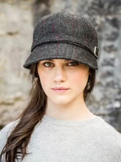 Aran Wool Hats|Ladies Hats*Sweater Shop Flapper Cap Charcoal Red Herringbone Colour 31.
