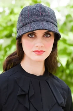 Aran Wool Hats|Ladies Hats*Sweater Shop Flapper Cap Charcoal Red Herringbone Colour 31.