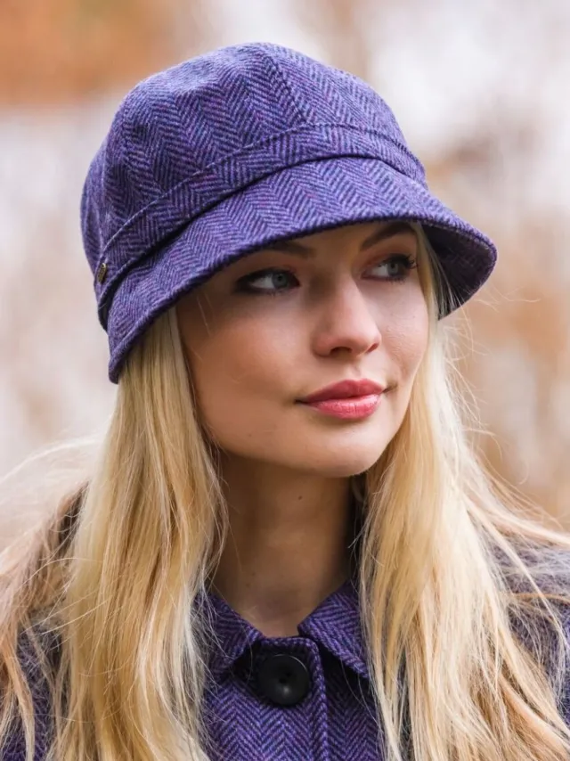 Aran Wool Hats|Ladies Hats*Sweater Shop Flapper Cap Purple Herringbone One Size Colour 213
