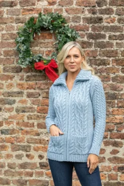 Womens Irish Knitwear*Sweater Shop Full Zip Aran Sweater Sky Blue
