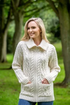 Womens Irish Knitwear|Ladies Cardigans*Sweater Shop Full Zip Fitted Aran Cardigan with large collar