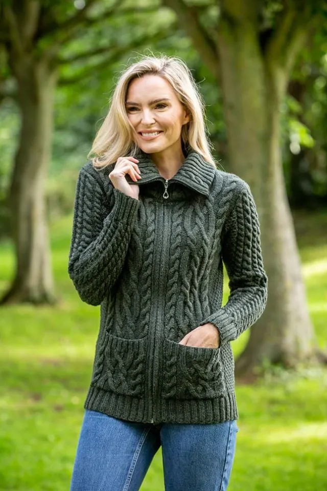 Womens Irish Knitwear*Sweater Shop Full Zip Fitted Aran Cardigan Army green
