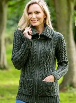 Womens Irish Knitwear*Sweater Shop Full Zip Fitted Aran Cardigan Army green