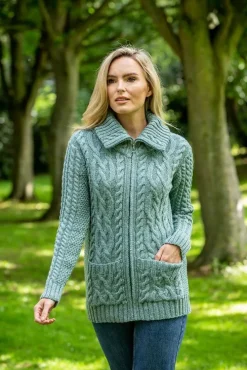Womens Irish Knitwear*Sweater Shop Full Zip Fitted Aran Cardigan Aqua