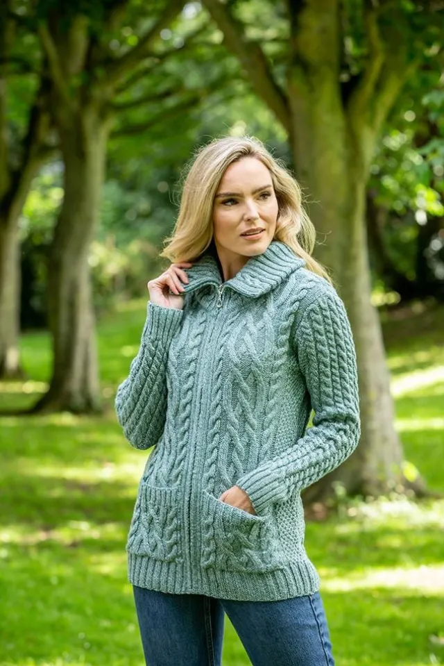 Womens Irish Knitwear*Sweater Shop Full Zip Fitted Aran Cardigan Aqua