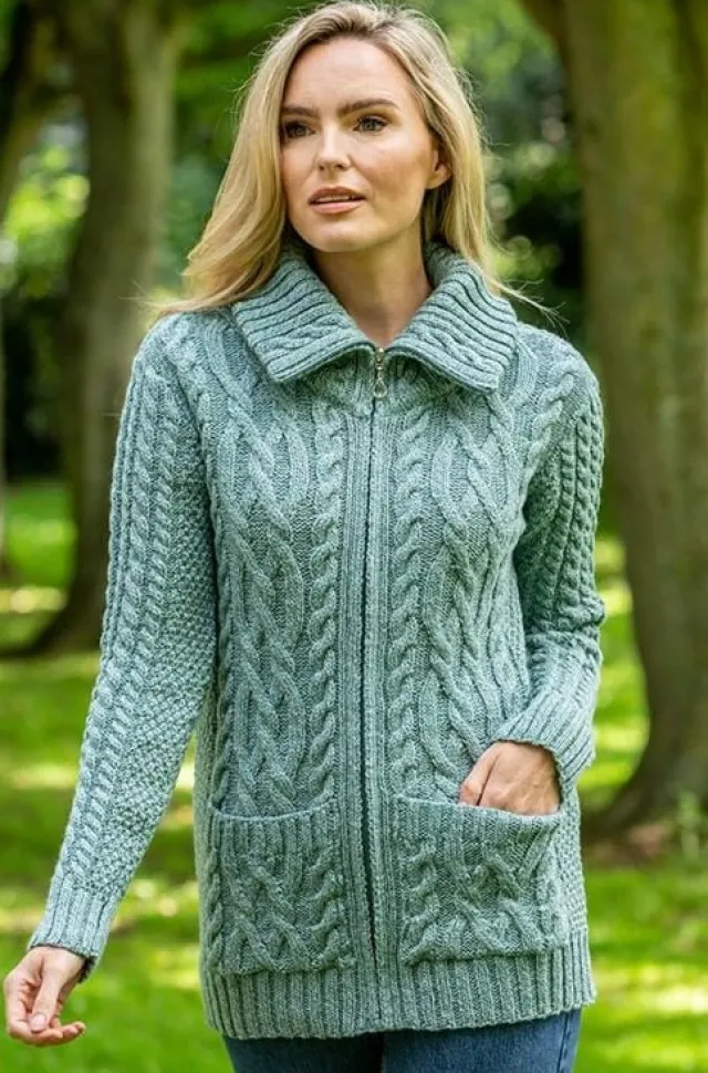 Womens Irish Knitwear*Sweater Shop Full Zip Fitted Aran Cardigan Aqua