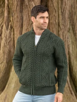 Mens Aran Cardigans|Mens Knitwear*Sweater Shop Full Zip Mens Aran Cardigan - Army Green