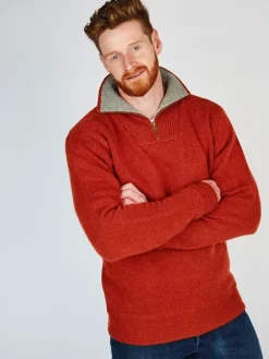Mens Fisherman Sweaters|Mens Knitwear*Sweater Shop Half Zip Lambswool Sweater Russet