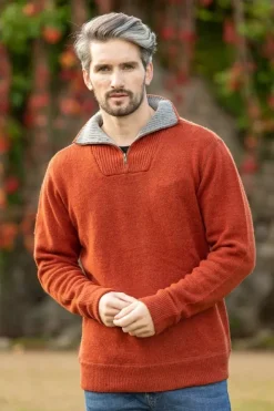 Mens Fisherman Sweaters|Mens Knitwear*Sweater Shop Half Zip Lambswool Sweater Russet