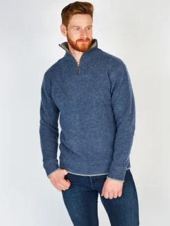 Mens Fisherman Sweaters|Mens Knitwear*Sweater Shop Half Zip Lambswool Sweater Blue Stone