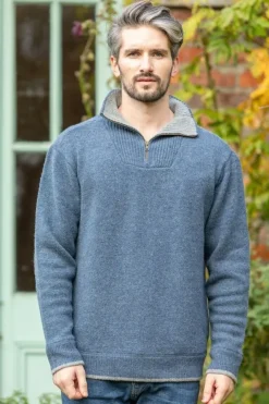 Mens Fisherman Sweaters|Mens Knitwear*Sweater Shop Half Zip Lambswool Sweater Blue Stone