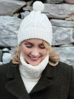 Aran Wool Hats|Ladies Hats*Sweater Shop Hand Knit Aran Hat with bobble Natural