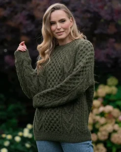 Womens Irish Knitwear|Womens Aran Fisherman Sweaters*Sweater Shop Handknit Green Aran Sweater Merino Wool