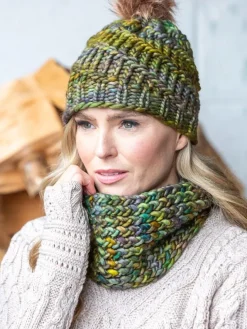 Aran Wool Hats|Ladies Merino Wool Scarves*Sweater Shop Handmade in Ireland - Snood and Bobble Hat Set - Green