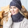 Aran Wool Hats|Ladies Merino Wool Scarves*Sweater Shop Handmade in Ireland - Snood and Bobble Hat Set - Grey