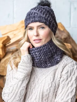 Aran Wool Hats|Ladies Merino Wool Scarves*Sweater Shop Handmade in Ireland - Snood and Bobble Hat Set - Grey