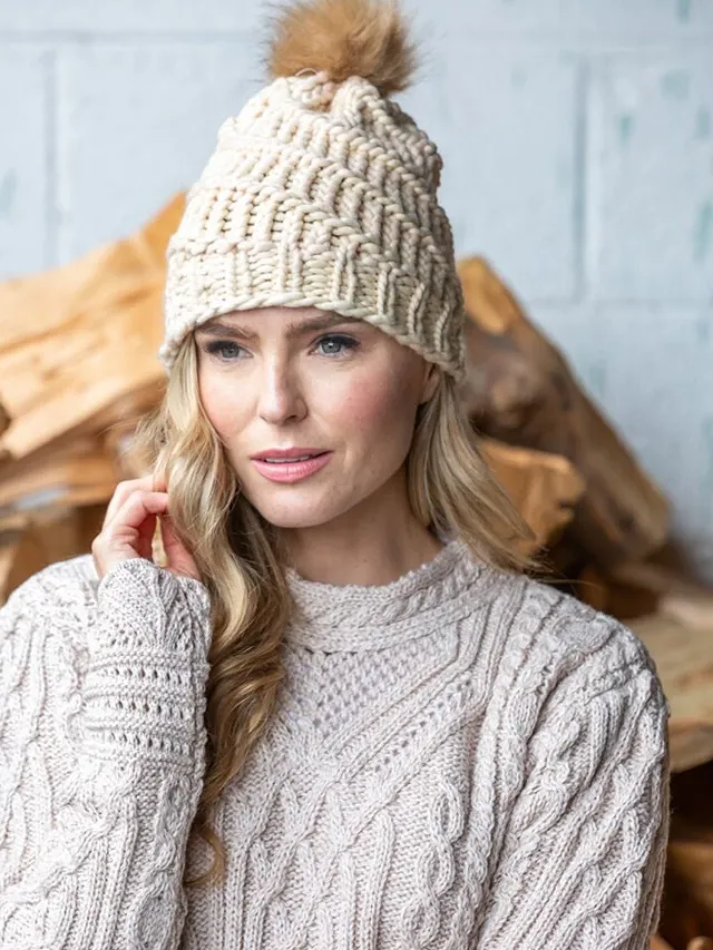 Aran Wool Hats*Sweater Shop Handmade in Ireland - Super Soft hat with pom pom - Natural