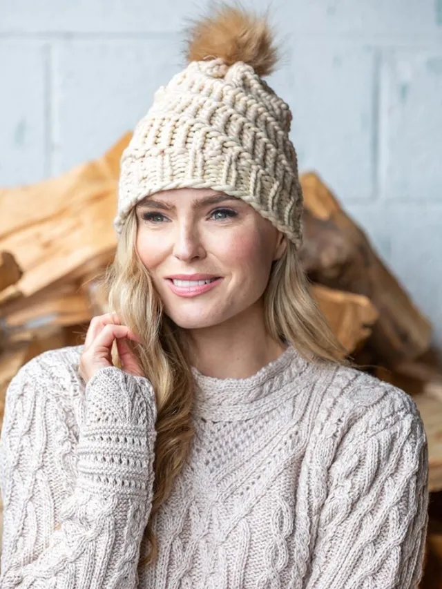 Aran Wool Hats*Sweater Shop Handmade in Ireland - Super Soft hat with pom pom - Natural