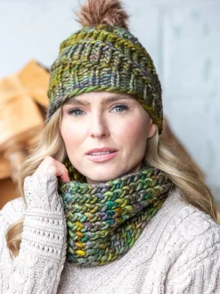 Aran Wool Hats|Ladies Hats*Sweater Shop Handmade in Ireland - Supersoft Hat with pom pom - green mix
