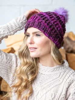 Aran Wool Hats|Ladies Hats*Sweater Shop Handmade in Ireland - Super Soft hat with pom pom- Purple