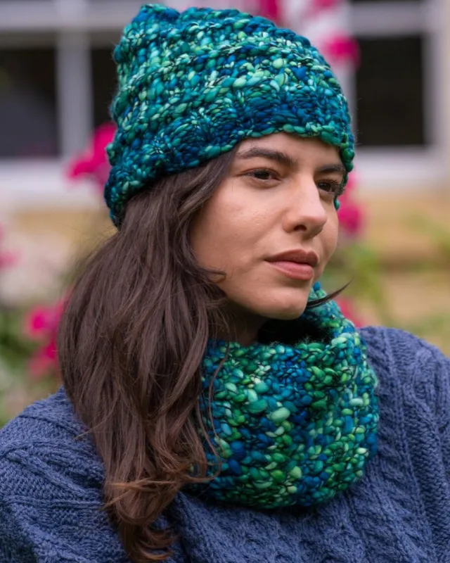 Aran Wool Hats*Sweater Shop Handmade in Ireland - Supersoft Hat with snood set - Teal