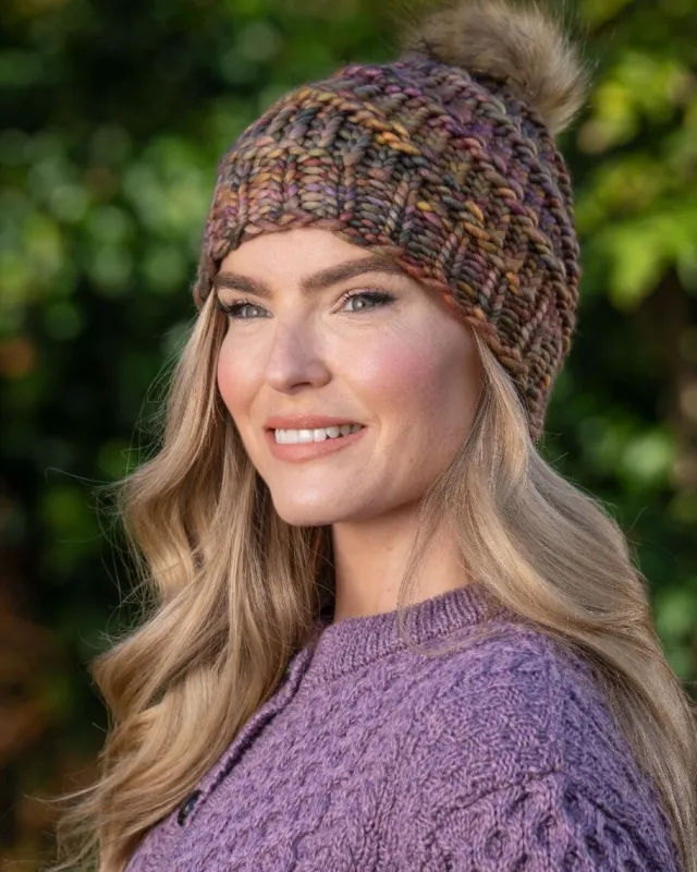 Aran Wool Hats*Sweater Shop Handmade in Ireland - Super Soft hat with pom pom - Autumn Mix