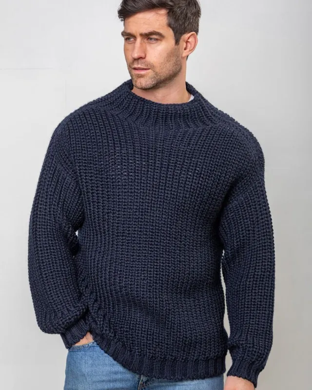 Mens Knitwear*Sweater Shop Heavy Ribbed Merino Wool Sweater Navy