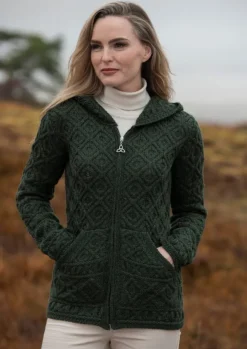 Ladies Cardigans*Sweater Shop Honeycomb Hooded Cardigan Army Green