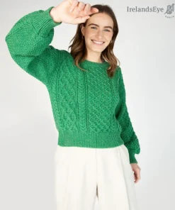 Womens Irish Knitwear|Womens Aran Fisherman Sweaters*Sweater Shop Honeysuckle Cropped Aran Sweater Green Marl