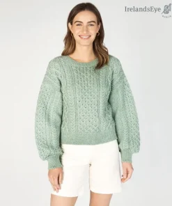 Ladies Cardigans|Womens Aran Fisherman Sweaters*Sweater Shop Honeysuckle Cropped Aran Sweater Sage