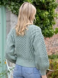Ladies Cardigans|Womens Aran Fisherman Sweaters*Sweater Shop Honeysuckle Cropped Aran Sweater Sage