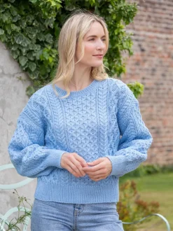 Womens Irish Knitwear|Womens Aran Fisherman Sweaters*Sweater Shop Honeysuckle Cropped Aran Sweater Morning Sky