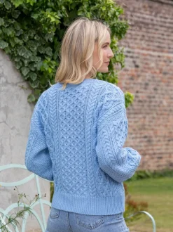 Womens Irish Knitwear|Womens Aran Fisherman Sweaters*Sweater Shop Honeysuckle Cropped Aran Sweater Morning Sky
