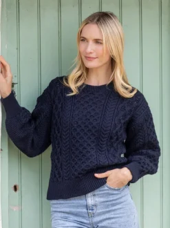 Womens Irish Knitwear|Womens Aran Fisherman Sweaters*Sweater Shop Honeysuckle Cropped Aran Sweater Navy
