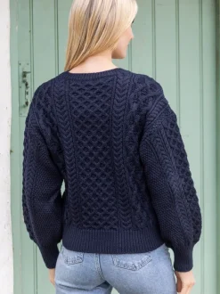 Womens Irish Knitwear|Womens Aran Fisherman Sweaters*Sweater Shop Honeysuckle Cropped Aran Sweater Navy