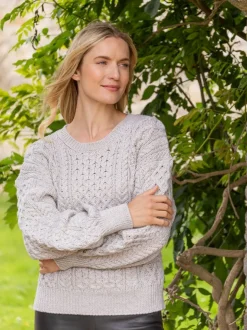 Womens Irish Knitwear|Womens Aran Fisherman Sweaters*Sweater Shop Honeysuckle Cropped Aran Sweater Silver Marl