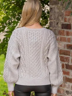 Womens Irish Knitwear|Womens Aran Fisherman Sweaters*Sweater Shop Honeysuckle Cropped Aran Sweater Silver Marl