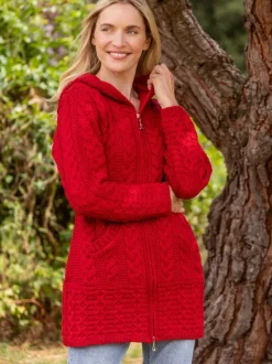Womens Aran & Tweed Coats|Womens Irish Knitwear*Sweater Shop Hooded Coat with Celtic Knot Zipper Cherry