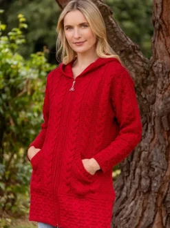 Womens Aran & Tweed Coats|Womens Irish Knitwear*Sweater Shop Hooded Coat with Celtic Knot Zipper Cherry
