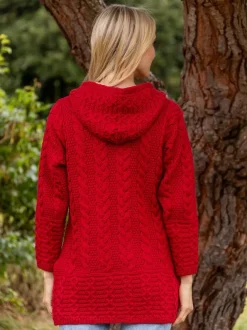 Womens Aran & Tweed Coats|Womens Irish Knitwear*Sweater Shop Hooded Coat with Celtic Knot Zipper Cherry