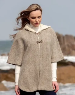 Womens Aran & Tweed Coats|Ladies Aran Ponchos & Capes*Sweater Shop Hooded Tweed Cape - Natural