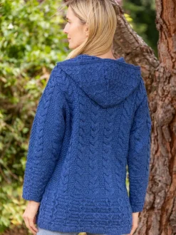 Womens Aran & Tweed Coats|Womens Irish Knitwear*Sweater Shop Hooded Zip Coat - Blue Marl
