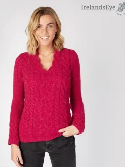 Womens Irish Knitwear|Cashmere And Merino Wool Sweaters*Sweater Shop Horseshoe Cable v Neck Sweater - Bramble