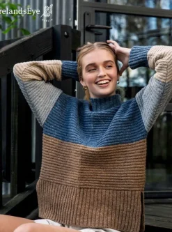 Womens Irish Knitwear|Womens Aran Fisherman Sweaters*Sweater Shop IrelandsEye Knitwear Iris Contrast Panel Funnel Neck Sweater Seaspray Biscuit