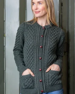 Ladies Cardigans|Womens Irish Knitwear*Sweater Shop Irish Aran Cardigan Army Green